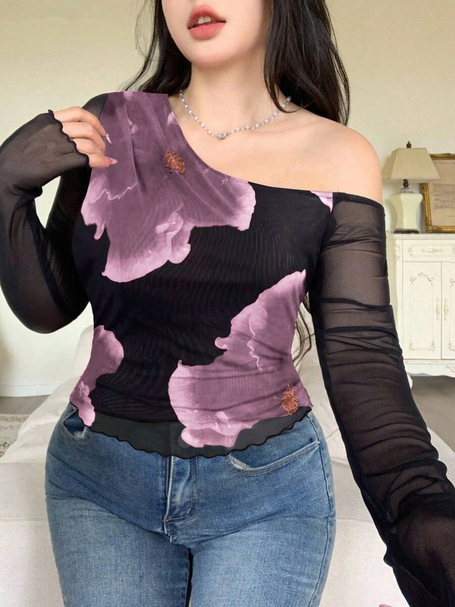 Modelyn 女士黑色纯色网眼撞色印花不对称褶皱加大码T恤 - 紫色 - 查看 1