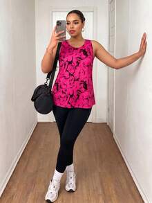 Maweii All Over Print Asymmetric Hem Round Neck Summer Sports Camisole - Red - View 7