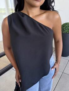 Alexandranx 2026春夏初秋独立日七月毕业季女士不对称肩部设计都市女士夏季黑色纯色褶皱无袖休闲上衣，圣帕特里克节女士复活节夏季复活节女士派对上衣海滩夏季假期海滩度假夏季外出毕业季 - 黑色 - 查看 4