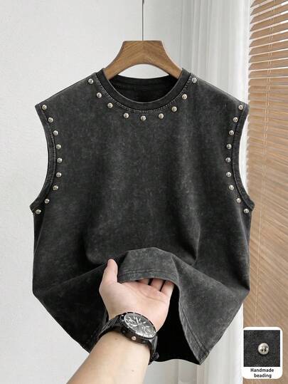Áo tank top nam cổ tròn thiết kế đinh tán, kiểu dáng thường ngày, đa năng.