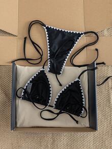 Bonvoyette 夏季度假女童纯色撞色贝壳刺绣荷叶边两件套比基尼套装 - 彩色 - 查看 2