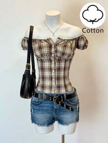 EgrlEra Women's Casual Off Shoulder Gingham Shirt With Waist Cinching, Slimming Fit, Spring/Summer - Army Green - View 1