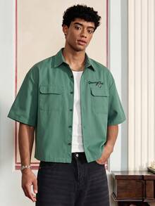 SWAVVY Men's Letter & Skull Print Casual Short Sleeve Shirt, Summer - Green - View 4