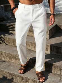 VENTUSAIL Men's Casual Beach Vacation Style Solid White Straight Leg Pants - White - View 1