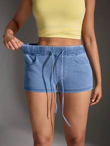SHEIN FlexDen Quần short denim nữ có dây rút ở eo và túi, kiểu dáng thường ngày, đa năng. - Màu xanh lam - Xem 4