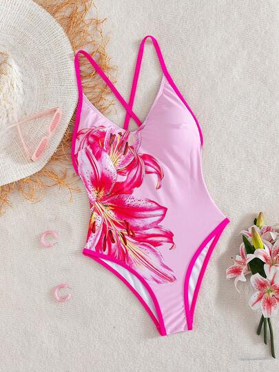 Bonvoyette Traje de baño de una pieza con corte alto y ribete rojo con estampado floral, esencial para vacaciones y playa