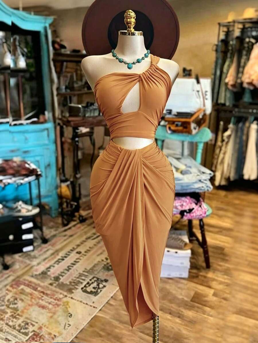 NostaNoir Women's American Western Style Hollow Out Suit, Ruffle Drawstring High Waist Slit Maxi Dress 2 Pieces Set - Yellow - View 1