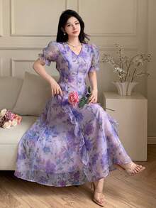 Feyla Đầm nữ thanh lịch cổ chữ V họa tiết hoa, tay ngắn xòe xếp ly. - Màu tím - Xem 5