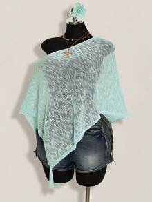 SHEIN ICON Plus Size Women Fringe Knit Sweater - Baby Blue - View 3