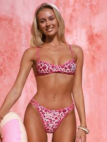 Swim Mod HELLO KITTY AND FRIENDS | SHEIN 2026SS Leopard Print Kitty Cute Vacation Casual Sexy Y2k Beach Party Swimwear Set For Women Pink Leopard Print Summer - Multicolor - View 3