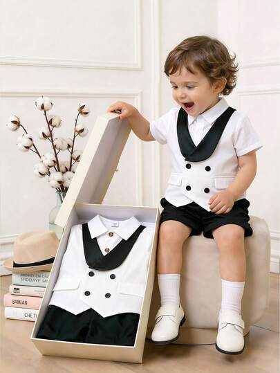 Bộ 2 món dành cho bé trai, thoải mái, đa năng, thời trang, dễ thương, gồm áo vest và quần short kiểu học sinh, thích hợp cho mùa xuân và mùa hè, phù hợp cho sinh hoạt hàng ngày, thể thao, học đường, tụ họp, lễ hội, biểu diễn, chụp ảnh, và mùa tựu trường.