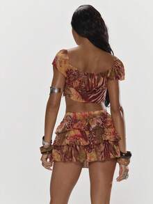MUSERA Printed Chiffon Ruffle Bloomer Off-The-Shoulder Top Only Summer Holiday Vacation Beach Ibiza Cute Festival Elegant Cherry Moon - Multicolor - View 2