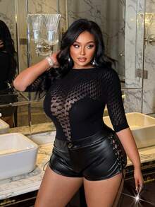 NU&NOW Body sexy polyvalent en maille et patchwork pour femmes grandes tailles, idéal pour les sorties et les rendez-vous - Noir - Voir 4