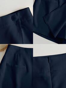 Franclia French Elegant Solid Color Decorative Belt Shorts, Light Yellow, Suitable For Work, Commute, Party, Casual, Summer Occasions, Women's Summer Shorts - Navy Blue - View 4