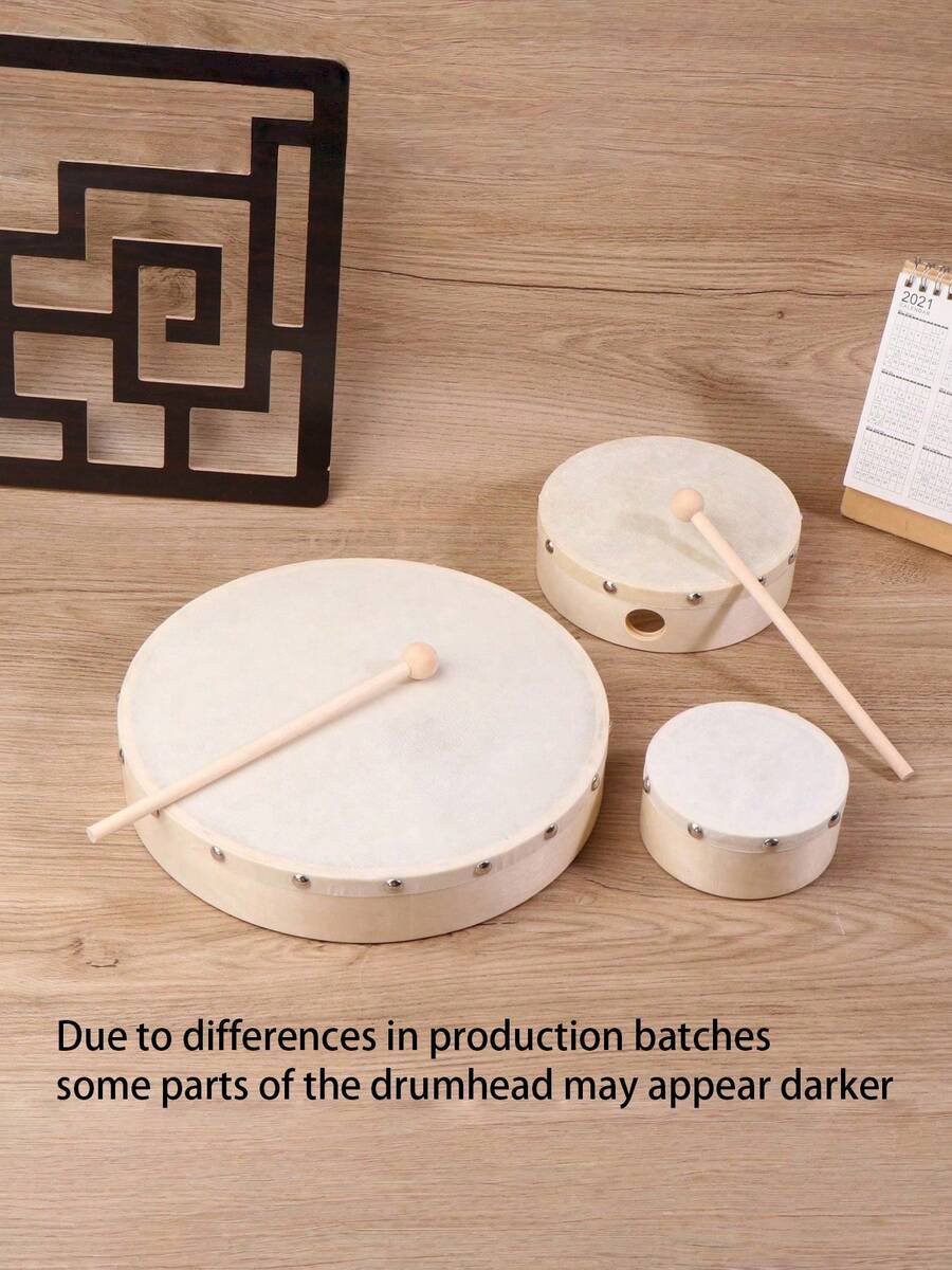 1个框鼓，4/6/7/8/9/10英寸手鼓，木制鼓，带鼓槌套装，音乐游戏玩具打击乐器 - 彩色 - 查看 1