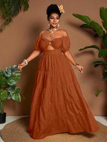 Maweii Vestido casual de talla grande de unicolor con hombros descubiertos - Naranja - Ver 7