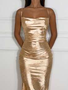 女士花卉印花垂坠吊带长裙 缎面女装 - 杏色 - 查看 5