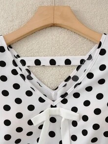 SHEIN Franclia Stylish, Elegant, And Versatile Polka Dot Vest And Skirt Two-Piece Set For Commuting; V-Neck Sleeveless Lace Design, Sweet Bow Babydoll Style Top And High-Waisted Skirt; Black And White Polka Dot Two-Piece Set; Perfect For Summer, Autumn, And Winter; Elegant Two-Piece Set For Women; Casual Two-Piece Set For Women; Suitable For Women's Commuting; Ideal For Dates, Commuting, Parties, And Vacations. - White - View 3
