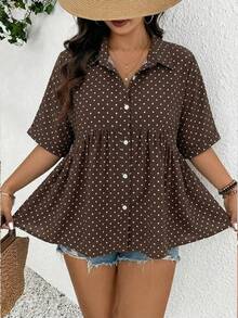 SHEIN Frenchy Áo sơ mi nữ cỡ lớn tay ngắn cài cúc phía trước, họa tiết chấm bi, thích hợp mặc vào mùa xuân và mùa hè, kiểu dáng thanh lịch. - màu nâu - Xem 3