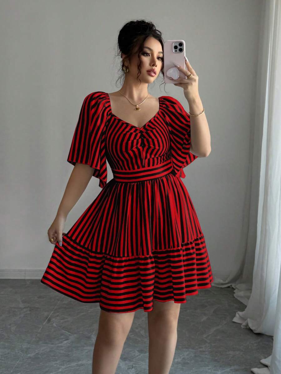 Elenzga Latest Spring & Summer Blue And White Striped Short Sleeve Elegant Casual Fitted Waist Mid-Length Dress For Women - Red and Black - View 1