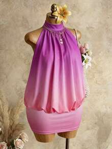 BamGleam Women's Ombre Purple Hot Pink Halter Top And Bodycon Mini Skirt 2 Pieces Set, Summer Casual Sexy Vacation Holiday Hawaiian Outfit, Backless Pleated - Multicolor - View 7