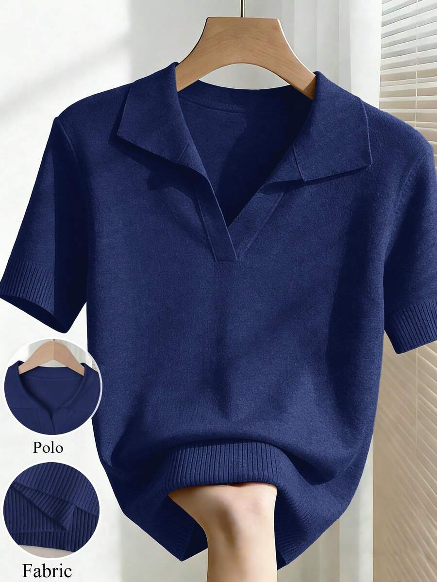 Franclia Women's Spring/Summer White Simple Daily Turndown Collar Raglan Short Sleeve Casual Solid Color Fitted Knit Top, Plus Size - Navy Blue - View 1