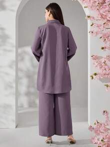 Veilorie 女士纯色花卉镂空前扣长袖上衣和裤子两件套 - 紫色 - 查看 3