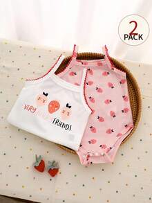 SHEIN Vintaside Kids 2pcs Baby Girls' Casual Cute Rabbit & Bear Pattern Romper, Suitable For Spring/Summer Daily Wear - Pink - View 1