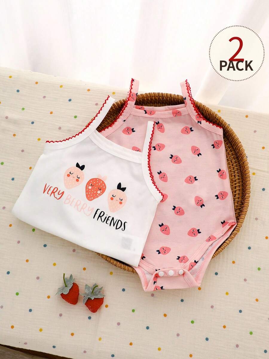 SHEIN Vintaside Kids 2pcs Baby Girls' Casual Cute Rabbit & Bear Pattern Romper, Suitable For Spring/Summer Daily Wear - Pink - View 1