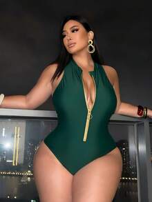 Swim SXY 加大码女士连体随机动物斑马纹前拉链无袖运动冲浪泳衣 - 墨綠色 - 查看 3