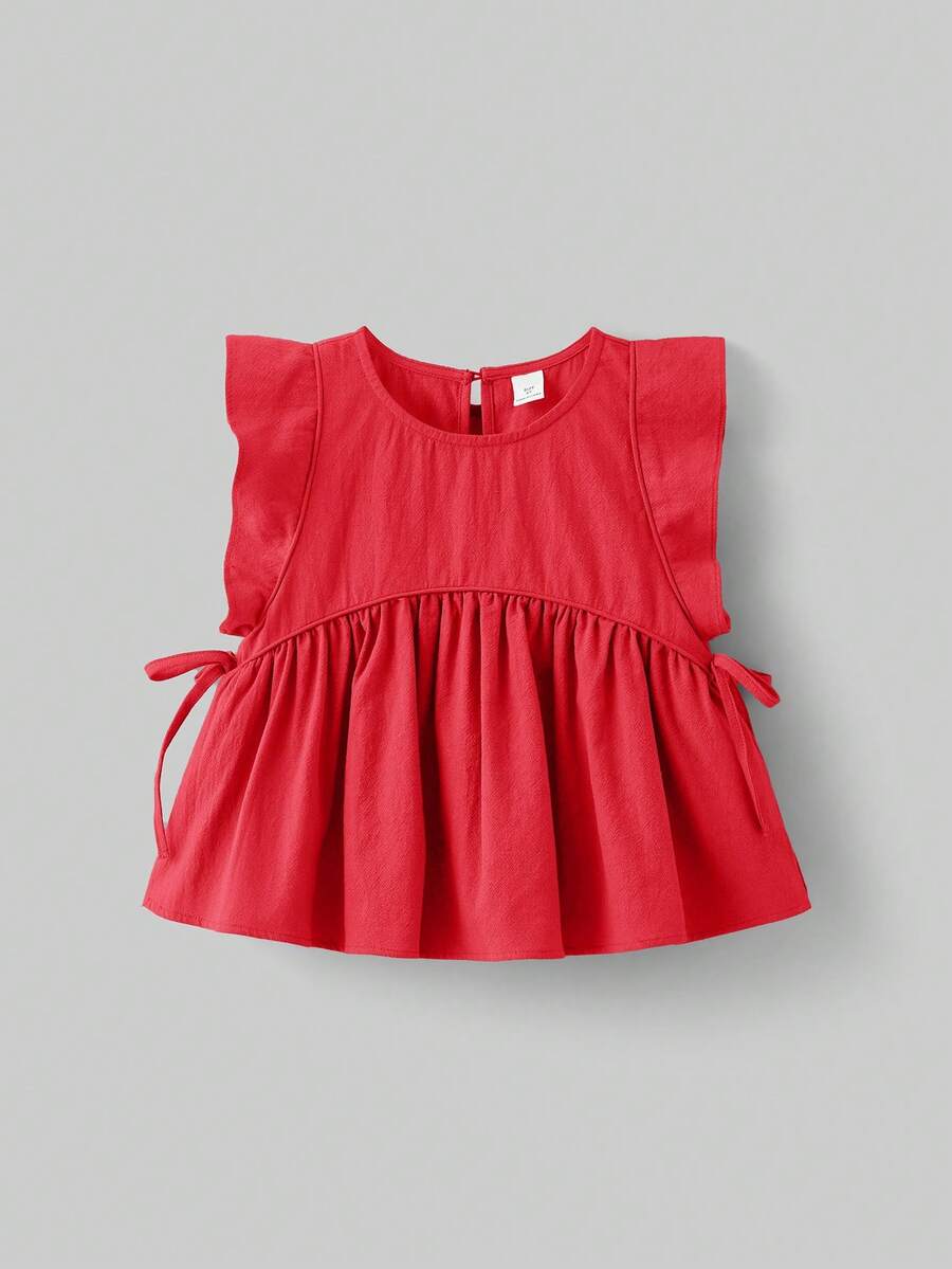 Maija Kids Maija Kids 年轻女孩纯色圆领褶皱休闲百搭日常衬衫 - 紅色 - 查看 1