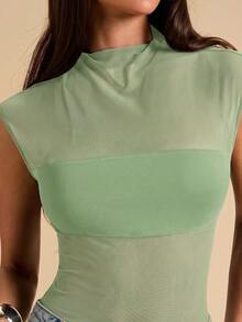 SHEIN BAE Áo liền thân không tay màu đen gợi cảm, chất liệu lưới xuyên thấu, phối họa tiết bất đối xứng. - Màu xanh Bạc hà - Xem 5