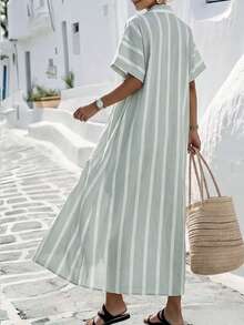 SHEIN Holidaya Đầm sơ mi nữ thanh lịch, dáng rộng, kẻ sọc màu xanh bạc hà, chất liệu giả lanh, dáng maxi chữ A dài đến mắt cá chân, ôm dáng, thích hợp cho kỳ nghỉ, du lịch biển, đi làm và mặc hàng ngày. - Màu xanh Bạc hà - Xem 2