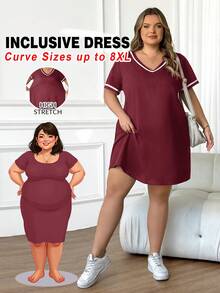 SHEIN CURVE+ 大码女式时尚休闲V领撞色缎带黑色针织连衣裙 - 酒紅色 - 查看 11