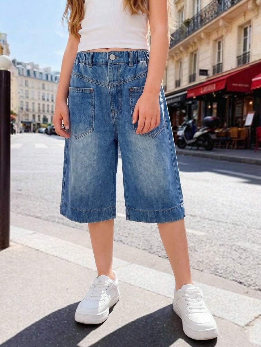 Quần short lửng denim dáng suông thoải mái, đa năng, dành cho bé gái, chất liệu mềm mại và thoáng khí, thích hợp cho các hoạt động mùa hè, đi học và mặc hàng ngày. - Rửa tối - Xem 1