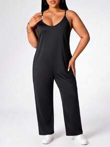 Rhythm Era Tuta casual senza maniche con pantaloni a gamba larga, in taglie comode, minimalista, adatta per yoga, fitness e attività all'aperto - nero - Visualizzare 4