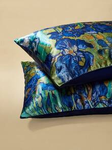 SHEIN Touch of Art 2pcs Iris Flower Print Pillowcase Set, Taffeta Fabric, Comfy Breathable, Smooth Anti-Wrinkle, Skin & Hair Friendly - Multicolor - View 8