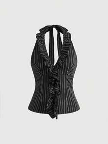 ROMWE Y2K Blusa de mujer con cuello halter y volantes, a rayas, versátil para primavera y verano - Negro - Ver 1