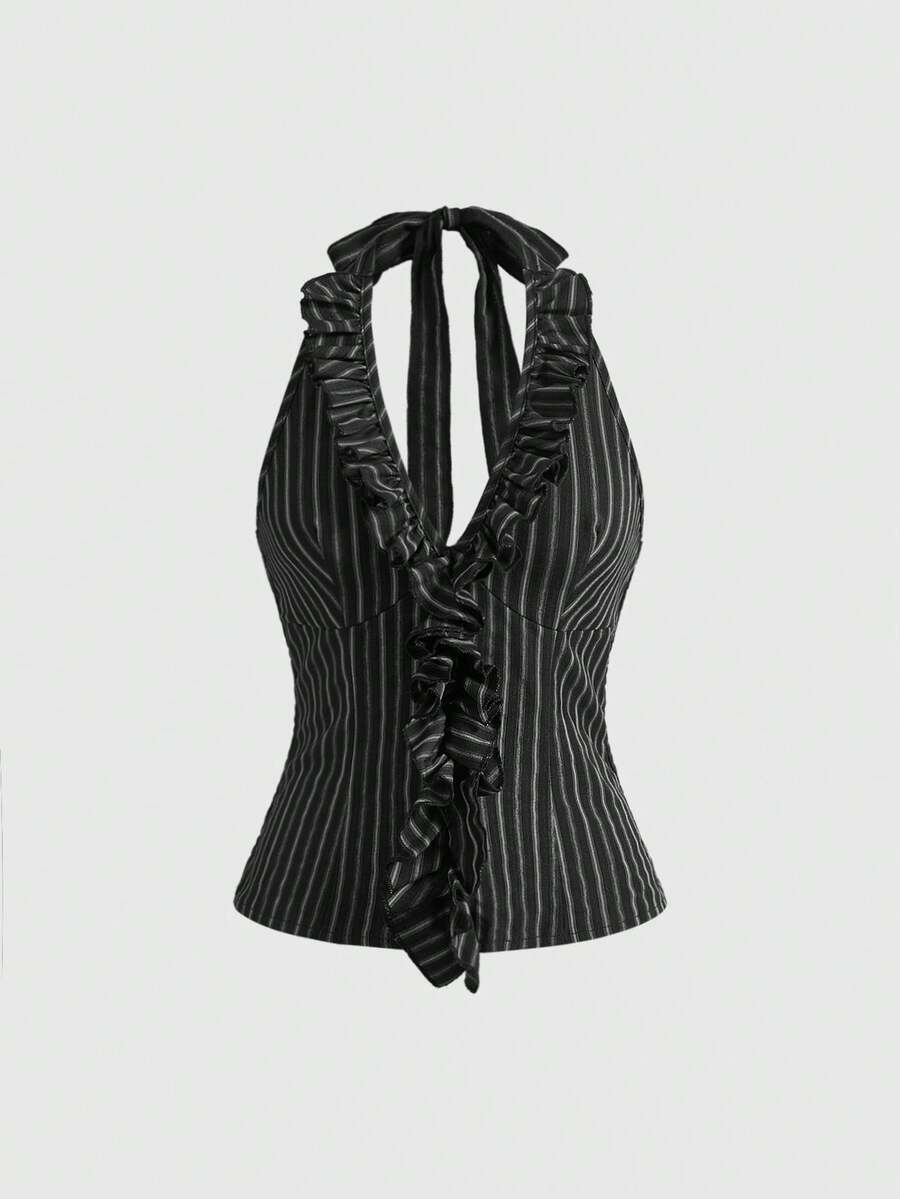 ROMWE Y2K Blusa de mujer con cuello halter y volantes, a rayas, versátil para primavera y verano - Negro - Ver 1