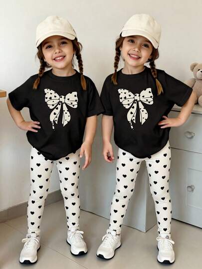 1 Set Young Girls' Casual Comfortable Fashion Cute Heart & Bow Graphic Short Sleeve T-Shirt And Leggings Outfit, Suitable For Spring To Summer Outings