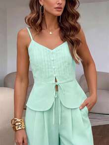 EMERY ROSE Women's Summer Casual Solid Color Camisole And Pants 2 Pieces Set - Mint Green - View 5