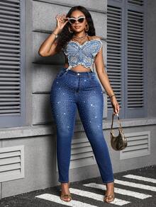 SHEIN Lady Plus Size Sexy Skinny Stretch Rhinestone Embellished 7/8 Length Jeans, Blue, For Women - Dark Wash - View 4