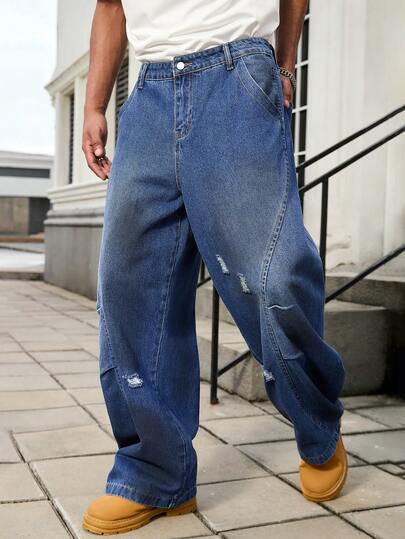 GALLERY FADE Men's Loose Fit Ripped Pocket Wide Leg Casual Jeans