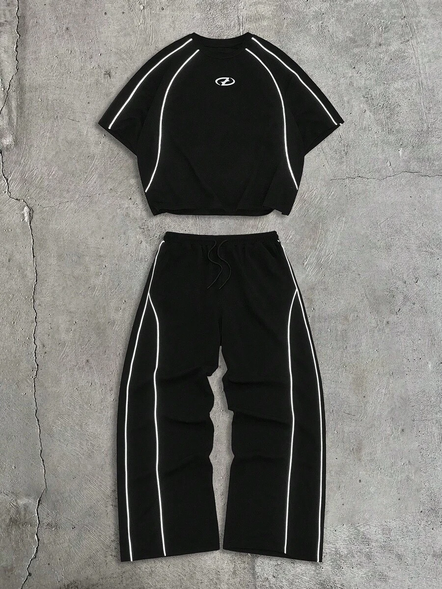 AXEPEAK Men's Contrast Trim Round Neck Short Sleeve T-Shirt And Drawstring Waist Casual Pants Set - Black - View 1