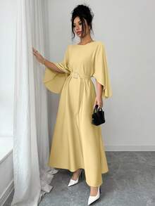 SHEIN Raffinéa Đầm dài màu kaki thanh lịch, tinh tế dành cho nữ, thích hợp đi làm hoặc hẹn hò, tay cánh dơi, eo thon, thích hợp cho mùa xuân/hè. - Màu vàng - Xem 6