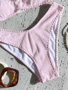 Swim Mod Women's Spring/Summer Jacquard Fabric Spaghetti Strap High Cut Shell Crochet Trim Bikini Set - Pink - View 6