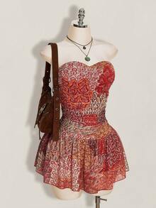 SHEIN ICON Damen Große Größen Boho Urlaubs Sexy Kontrast Farbdruck Bandeau Mini Kleid, Sommer, Bohemien Kleidung - Orange - Übersicht 4