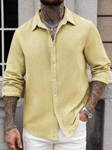 Manfinity CasualCool Plain Front Button Long Sleeve Casual Linen Shirt Ceremony - Yellow - View 5