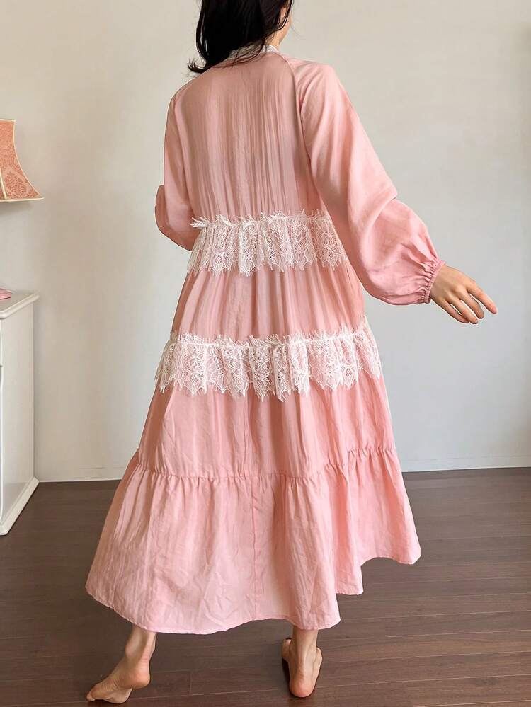 Women's V-Neck Lantern Sleeve Lace Patchwork Loose Summer Nightgown