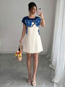 SHEIN Elenzya Standard Size Elegant Women Casual Formal Commute Family Gathering Short Sleeve Dress - Multicolor - View 1